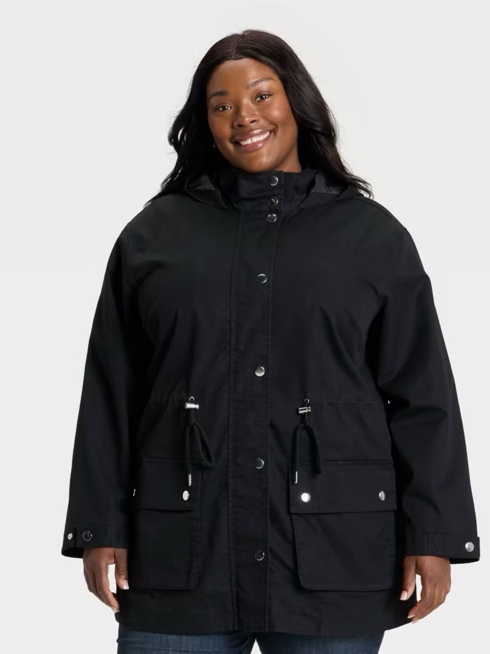 Black Cinch-Waist Hooded Jacket - Women's Casual Mid-Length Utility 2X